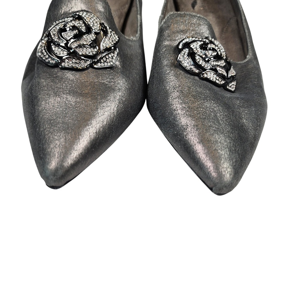 Aerosoles Best Dressed Metallic Pewter Leather Rose Rhinestone Kitten Heels 10M - Picture 4 of 9